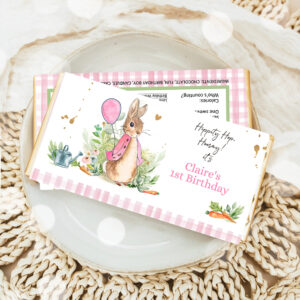 1 Editable Flopsy Bunny Chocolate Bar Labels Candy Bar Wrapper Peter Rabbit Birthday Girl Pink Rustic Download Corjl Template Printable 0351 1