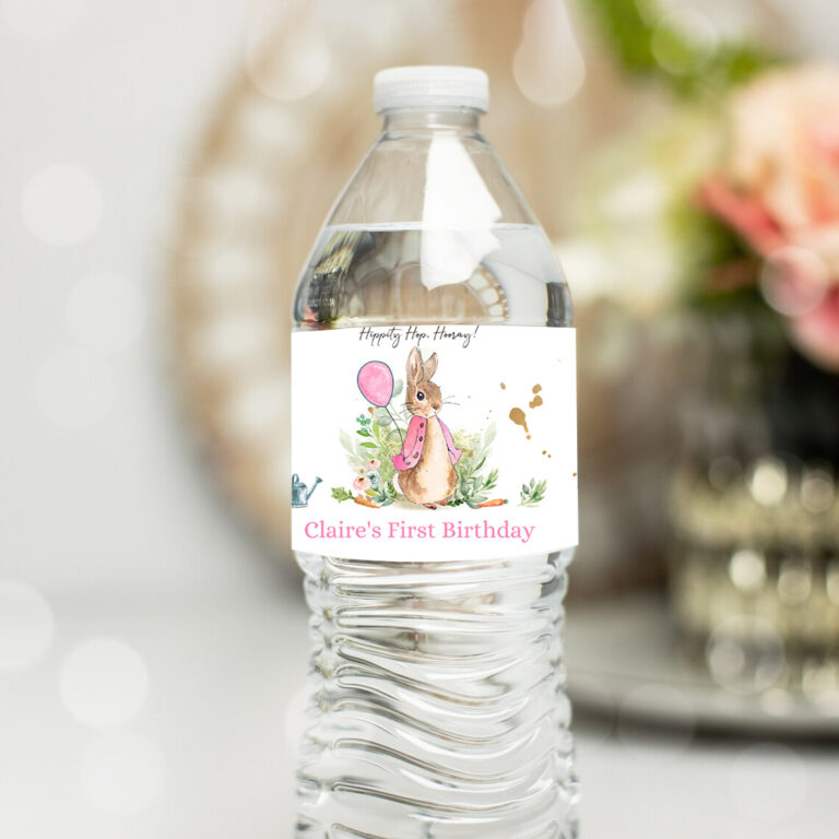 1 Editable Flopsy Bunny Water Bottle Labels Peter Rabbit Party Decor Bunny Birthday Rustic Watercolor Girl Pink Printable Template Corjl 0351 1