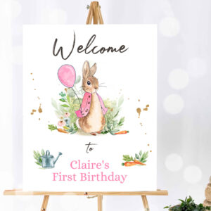 1 Editable Flopsy Bunny Welcome Sign Girl Birthday Baby Shower Welcome 1st Birthday Rabbit Watercolor Pink Template Corjl PRINTABLE 0351 1