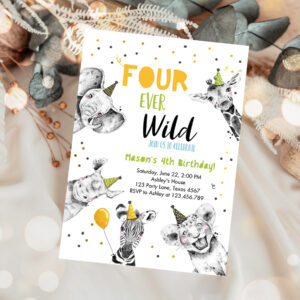 1 Editable Four Ever Wild Birthday Invitation Boy Green Gold Safari Party Animals Fourth Birthday 4th Printable Template Digital Corjl 0390 1