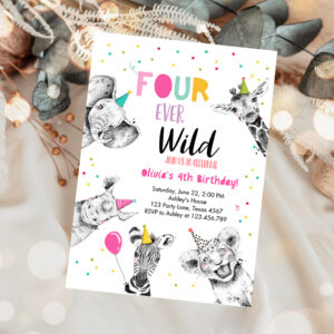 1 Editable Four Ever Wild Birthday Invitation Girl Pink Gold Safari Party Animals Fourth Birthday 4th Printable Template Digital Corjl 0390 1