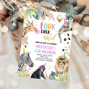 1 Editable Four Ever Wild Birthday Invitation Leopard Safari Animals Zoo 4th Birthday Party Animals Download Printable Template Corjl 0417 1