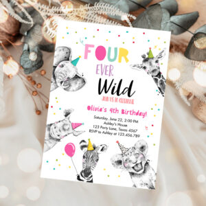 1 Editable Four Ever Wild Birthday Party Invitation Girl Pink Gold Safari Party Animals Fourth Birthday 4th Printable Template Digital Corjl 0390 1