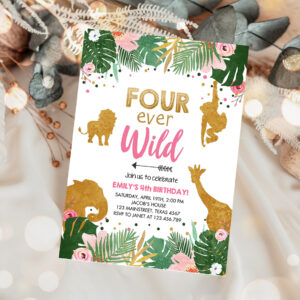 1 Editable Fourever Wild Birthday Invitation Safari Animals Jungle Zoo Gold Girl Pink 4th Birthday Four Ever Printable Corjl Template 0016 1