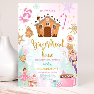 1 Editable Gingerbread House Decorating Party Invitation Land of Sweets Pink Gold Cookie Decorating Download Printable Template Corjl 0352 1
