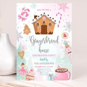 1 Editable Gingerbread House Decorating Party Invitation Land of Sweets Pink Silver Cookie Decorating Download Printable Template Corjl 0352 1
