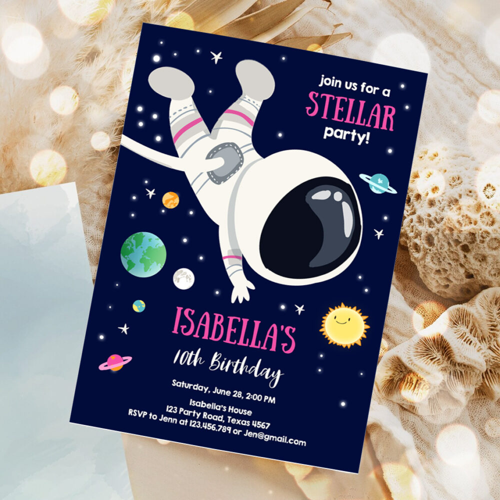 1 Editable Girl Space Birthday Party Invitation Outer Space Galaxy Planets and Stars Girly Download Printable Template Digital Corjl 0259 1