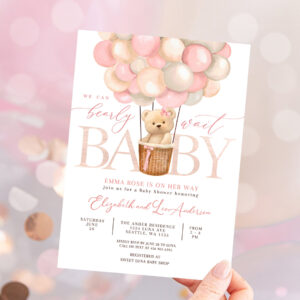 1 Editable Girl Teddy Bear Hot Air Balloon Bear Theme Baby Shower Invitation We Can Bearly Wait Invites Template