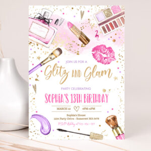 1 Editable Glitz And Glam Birthday Invitation Spa Makeup Birthday Party Invitation Blush Pink Gold Spa Tween Party Instant Download KS 1