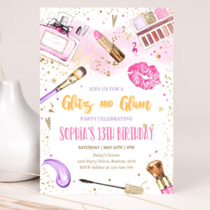 1 Editable Glitz And Glam Birthday Party Invitation Spa Makeup Birthday Party Invitation Blush Pink Gold Spa Tween Party