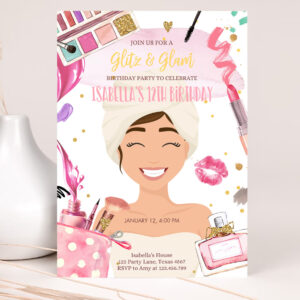 1 Editable Glitz and Glam Birthday Invitation Spa Party Makeup Birthday Invitation Pink Gold Girl Download Printable Template Corjl 0420 1