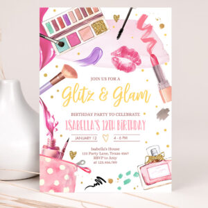 1 Editable Glitz and Glam Birthday Party Invitation Spa Party Makeup Birthday Invitation Pink Gold Girl Download Printable Template