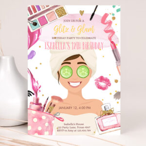 1 Editable Glitz and Glam Birthday Party Invitation Spa Party Makeup Birthday Invitation Pink Gold Girl Download Printable Template Corjl 0420 1