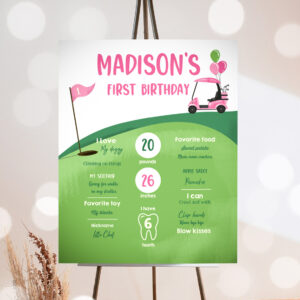 1 Editable Golf Birthday Milestones Sign Hole in One Golf First Birthday Girl 1st Golf Court Golf Party Pink Template Printable Corjl 0405 1