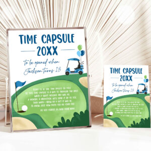 1 Editable Golf Time Capsule First Birthday Hole in One Birthday First Par tee Guestbook Boy Golfing Template Printable Corjl 0405 1