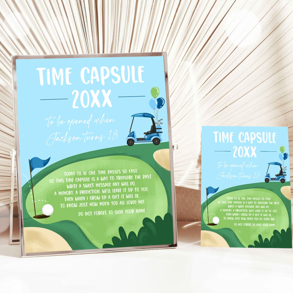 1 Editable Golf Time Capsule First Birthday Party Hole in One Birthday First Par tee Guestbook Boy Golfing Template Printable Corjl 0405 1