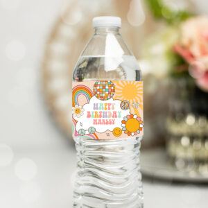 1 Editable Groovy Birthday Water Bottle Label Birthday Groovy Water Bottle Retro Flower Power Girl Printable Bottle Wrap Template Corjl 0459 1