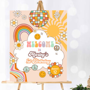 1 Editable Groovy Birthday Welcome Sign Floral Boho Birthday Welcome Sign Retro 70s Hippie Festival Download Template Corjl PRINTABLE 0459 1