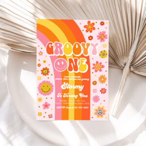 1 Editable Groovy One Birthday Party Invitation Peace Love Party Groovy Rainbow Party Hippie 70s Floral 1st Birthday Party