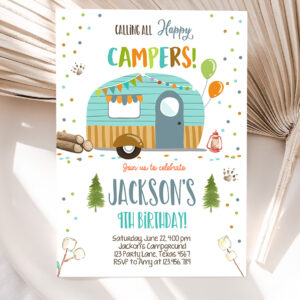 1 Editable Happy Camper Birthday Invitation Boy Birthday Camping Party Smore Forest Glamping Download Printable Template Digital Corjl 0342 1