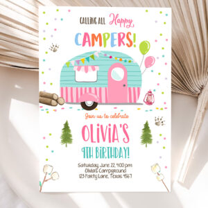 1 Editable Happy Camper Birthday Invitation Girl Pink Camping Party Pink Camper Glamping Download Printable Template Digital Corjl 0342 1