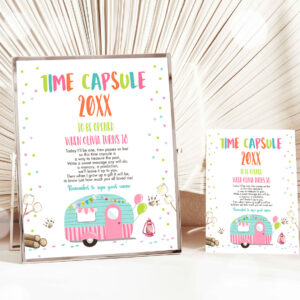 1 Editable Happy Camper Time Capsule Girl Birthday Party Camping Glamping Caravan Outdoor Pink Guestbook Template Printable Corjl 0342 1