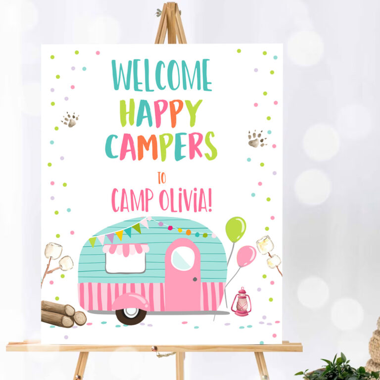 1 Editable Happy Camper Welcome Sign Camp Birthday Party Girl Party 0342 1