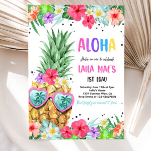 1 Editable Hawaiian Luau Girl Birthday Invite Pineapple 1st Birthday Party Luau 1st Birthday Luau Pineapple Pool Party