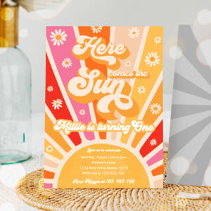 1 Editable Here Come The Sun 1st Birthday Invitation Retro Daisy Rainbow Sunshine 1st Trip Around The Sun Birthday Party