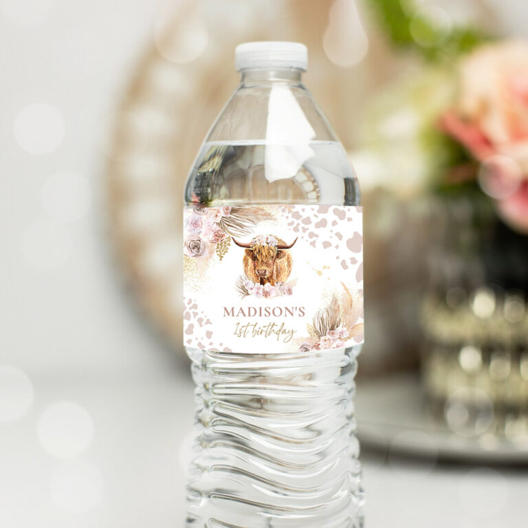 1 Editable Highland Cow Birthday Party Water Bottle Labels Holy Cow Birthday Decor Boho Pampas Grass Cow Birthday Instant Download Editable K4 1