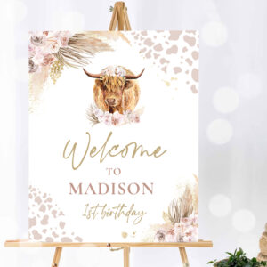 1 Editable Highland Cow Birthday Party Welcome Sign Holy Cow Birthday Decor Boho Pampas Grass Farm Co Birthday Instant Download Editable K4 1