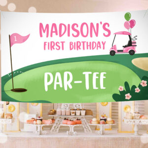 1 Editable Hole in One Backdrop Banner Golf Birthday Girl First Birthday Par tee Golfing 1st Golf Party Download Corjl Template Printable 0405 1