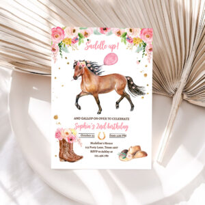 1 Editable Horse Birthday Invitation Girl Saddle Up Watercolor Cowgirl Horse Party Invite Pink Floral Download Printable Template Corjl 0408 1