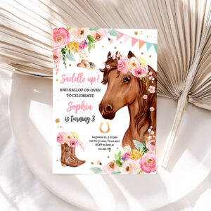 1 Editable Horse Birthday Invitation Girl Saddle Up Watercolor Cowgirl Party Horse Invite Pink Floral Download Printable Template Corjl 0408 1