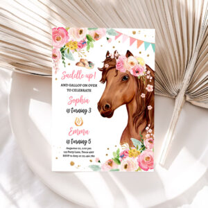 1 Editable Horse Birthday Invitation Girl Saddle Up Watercolor Cowgirl Party Horse Joint Siblings Pink Floral Printable Template Corjl 0408 1