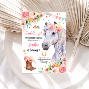 1 Editable Horse Birthday Party Invitation Girl Saddle Up Watercolor Cowgirl Party Horse Invite Pink Floral Download Printable Template Corjl 0408 1
