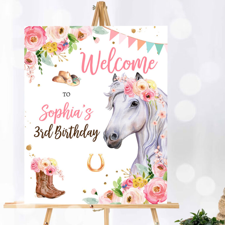 1 Editable Horse Birthday Welcome Sign Pony Birthday Welcome Sign Cowgirl Party Floral Girl Horse Party Download Template Corjl PRINTABLE 0408 1