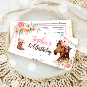 1 Editable Horse Chocolate Bar Labels Candy Bar Wrapper Horse Birthday Cowgirl Floral Girl Saddle Up Download Corjl Template Printable 0408 1