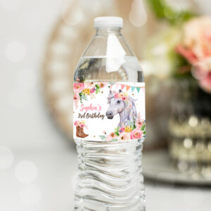 1 Editable Horse Water Bottle Label Horse Birthday Decor Cowgirl Pony Party Saddle Up Floral Pink Printable Bottle Label Template Corjl 0408 1