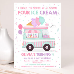 1 Editable Ice Cream Truck Birthday Invitation I scream You Scream We All Scream Four Ice Cream 4th Birthday Party