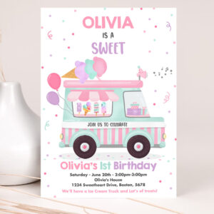 1 Editable Ice Cream Truck Birthday Invitation Ice Cream Sweet One 1st Party Invitation Sweet One Ice Cream Birthday Party