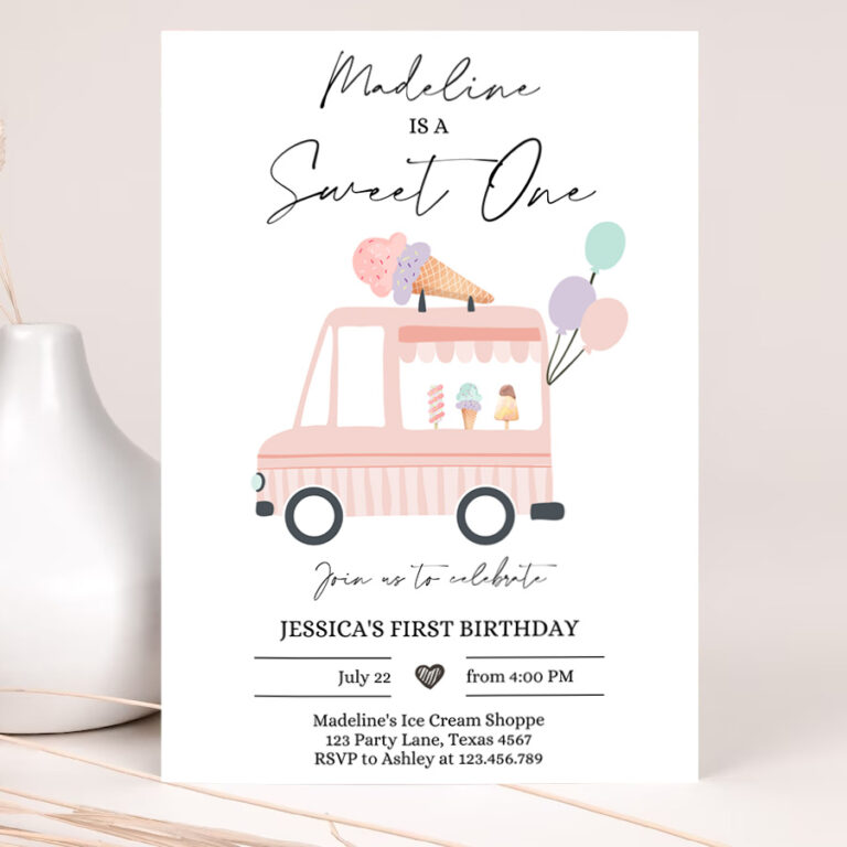 1 Editable Ice Cream Truck Birthday Invitation Ice Cream Sweet One Modern 1st Birthday Party First