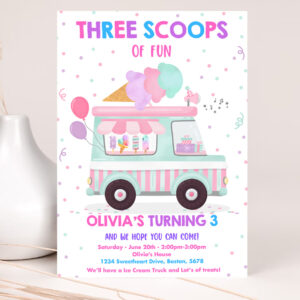 1 Editable Ice Cream Truck Three Scoops Of Fun 3rd Birthday Party Invitation Ice Cream 3rd Birthday Three Scoops Of Fun