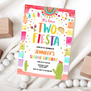 1 Editable Its Time Two Fiesta Birthday Invitation Second Birthday 2nd Cactus Mexican Boy Girl Cactus Download Corjl Template Printable 0134 1