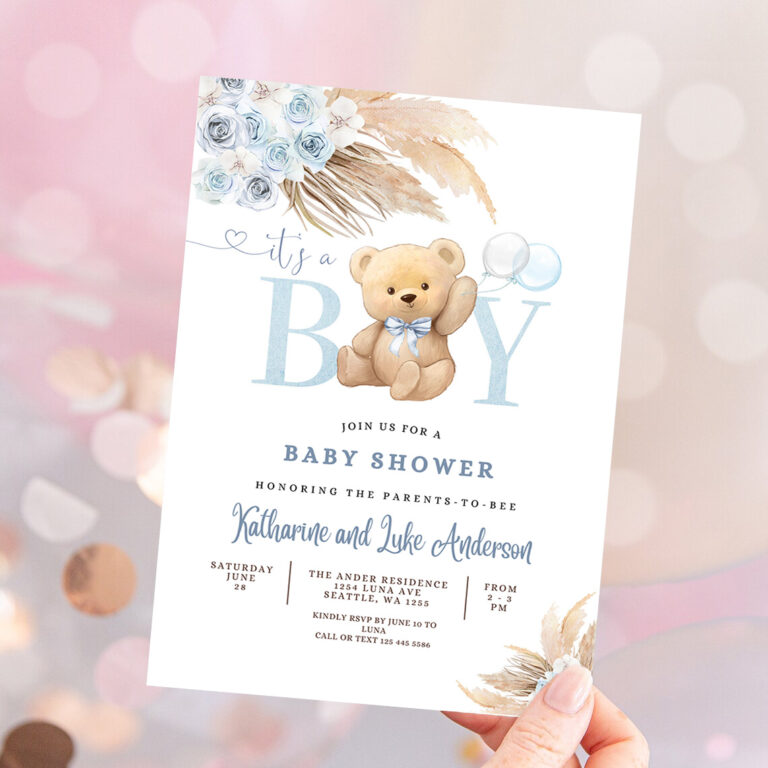 1 Editable Its a BOY Blue Pampas Grass We Can Bearly Wait Blue Boho Teddy Bear Baby Shower Invitation Invites