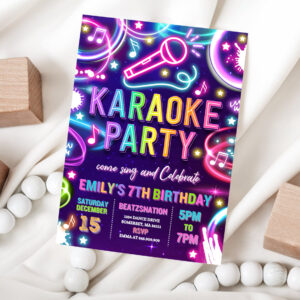 1 Editable Karaoke Birthday Party Invitation Neon Glow Karaoke Birthday Party Neon Singing Music Birthday Party Glow Party