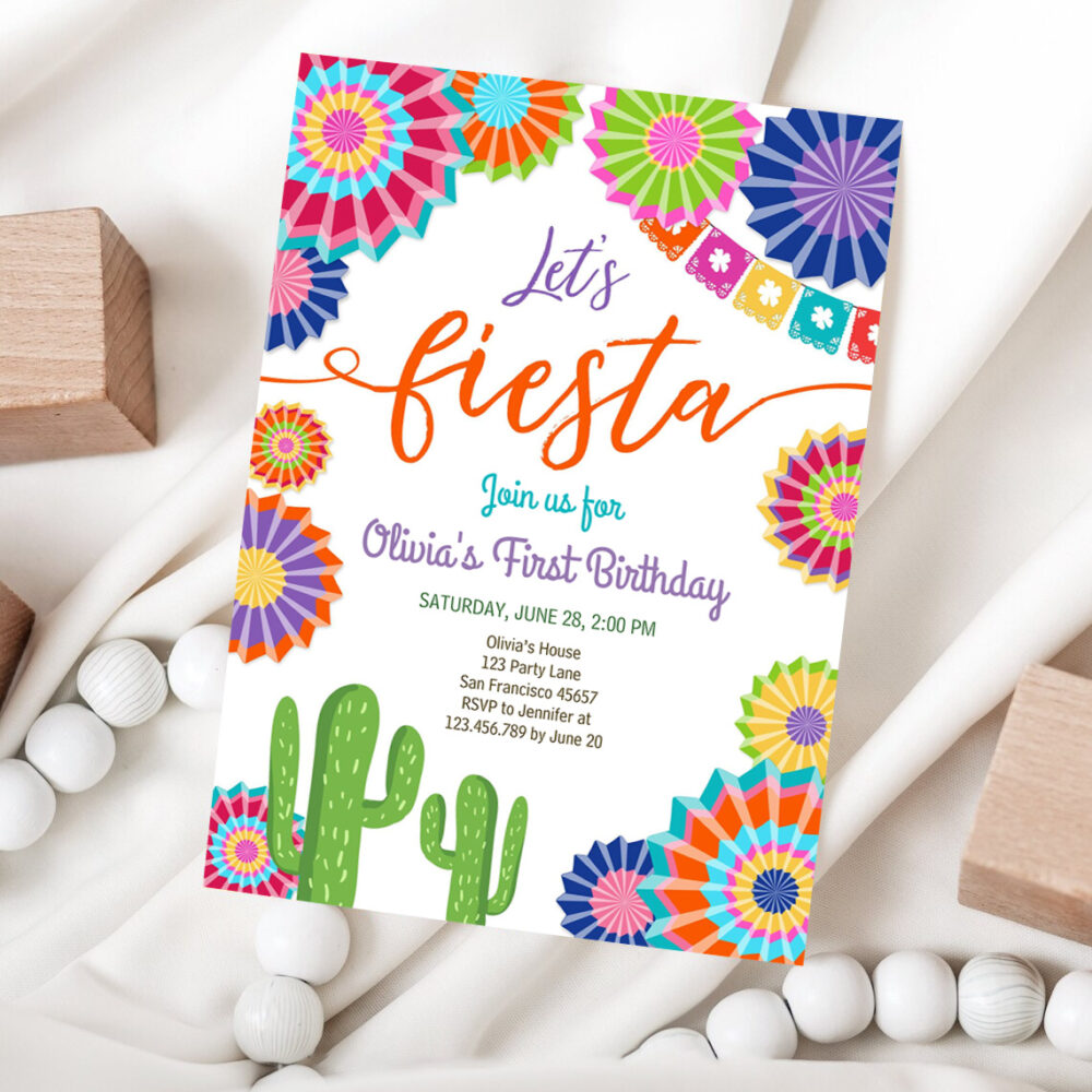 1 Editable Lets Fiesta Birthday Invitation ANY AGE Girl First Birthday Uno Cactus Cinco Mayo Mexican Download Corjl Template Printable 0236 1