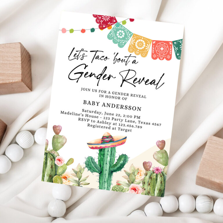 1 Editable Lets Taco Bout a Gender Reveal Party Invitation Cactus Mexican Fiesta He or She Boy Girl Watercolor Template Corjl Printable 0404 1