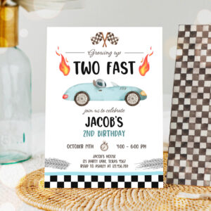 1 Editable Light Blue Racing Car Birthday Invitation Growing Up Two Fast Invite Second Birthday 2nd Boy Party Invitation