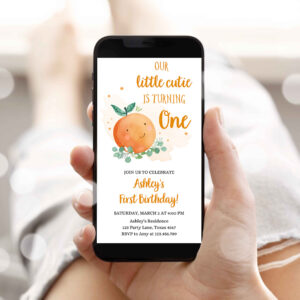 1 Editable Little Cutie Birthday Evite Clementine Oranges Party Unisex Orange Invitation Citrus Download Phone Electronic
